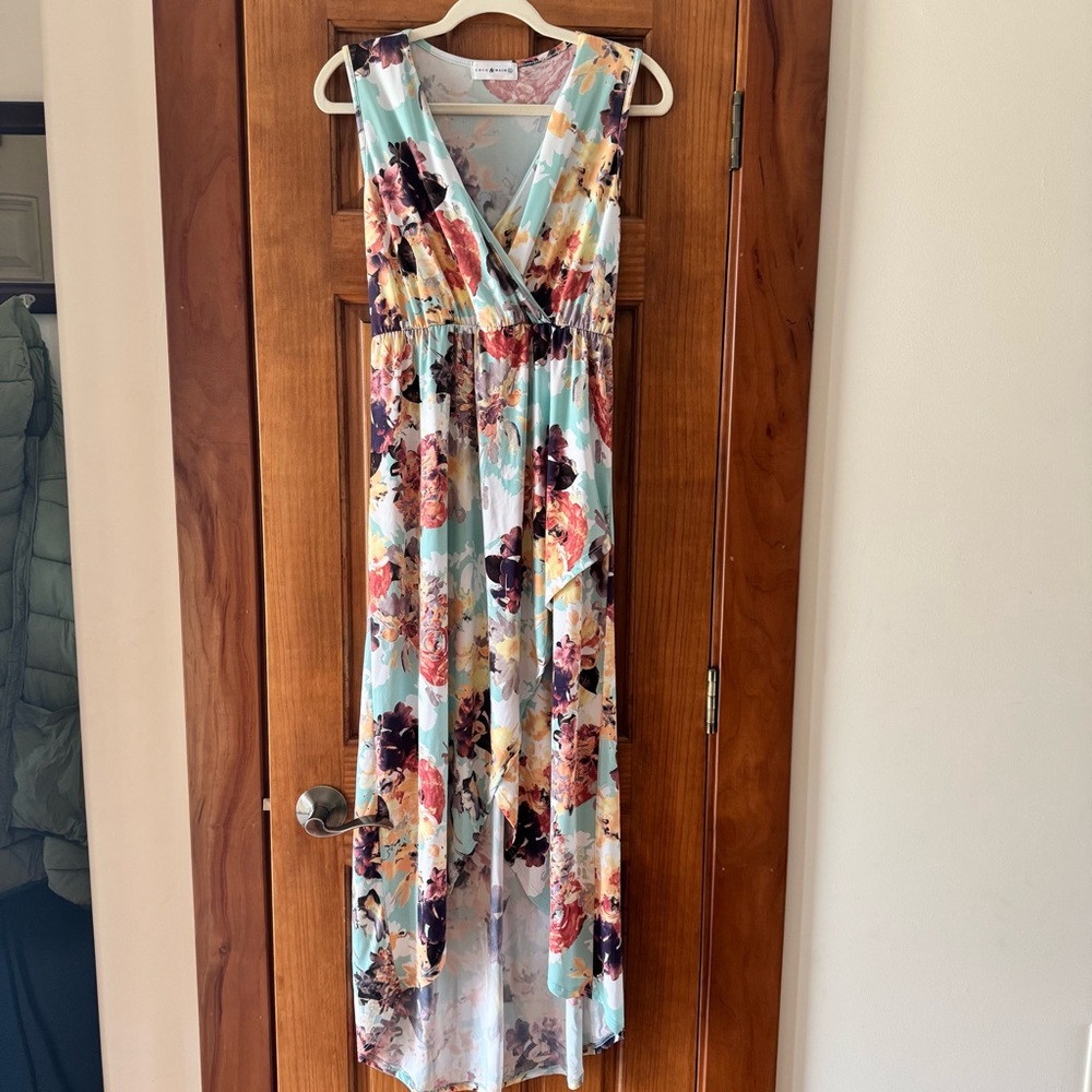Coco & Main Wrap Maxi Dress Women’s Large Aqua Floral V Neck Summer High Low
